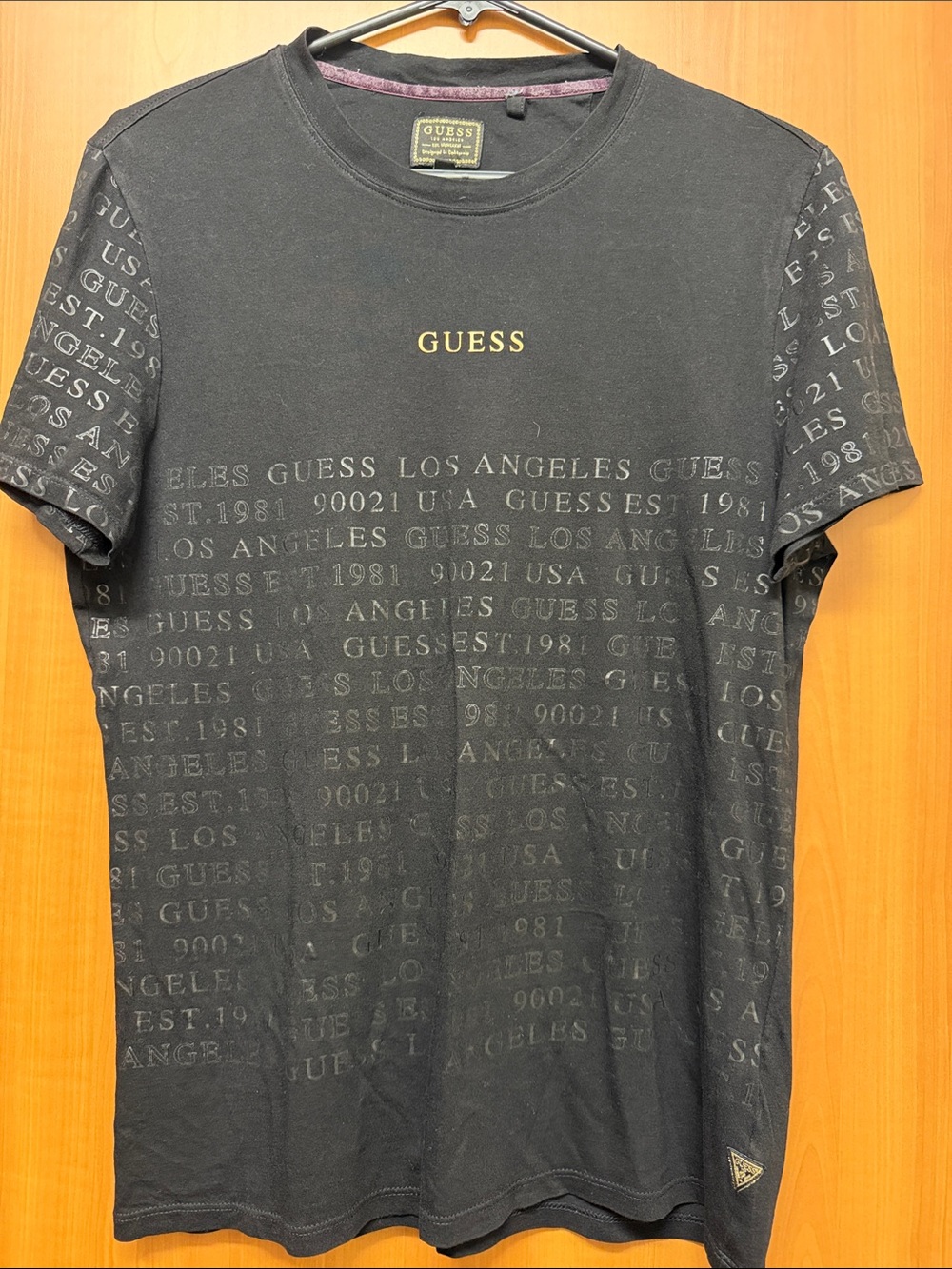 GUESS Black Tonal Text Logo Crewneck T-Shirt with Gold Chest Logo